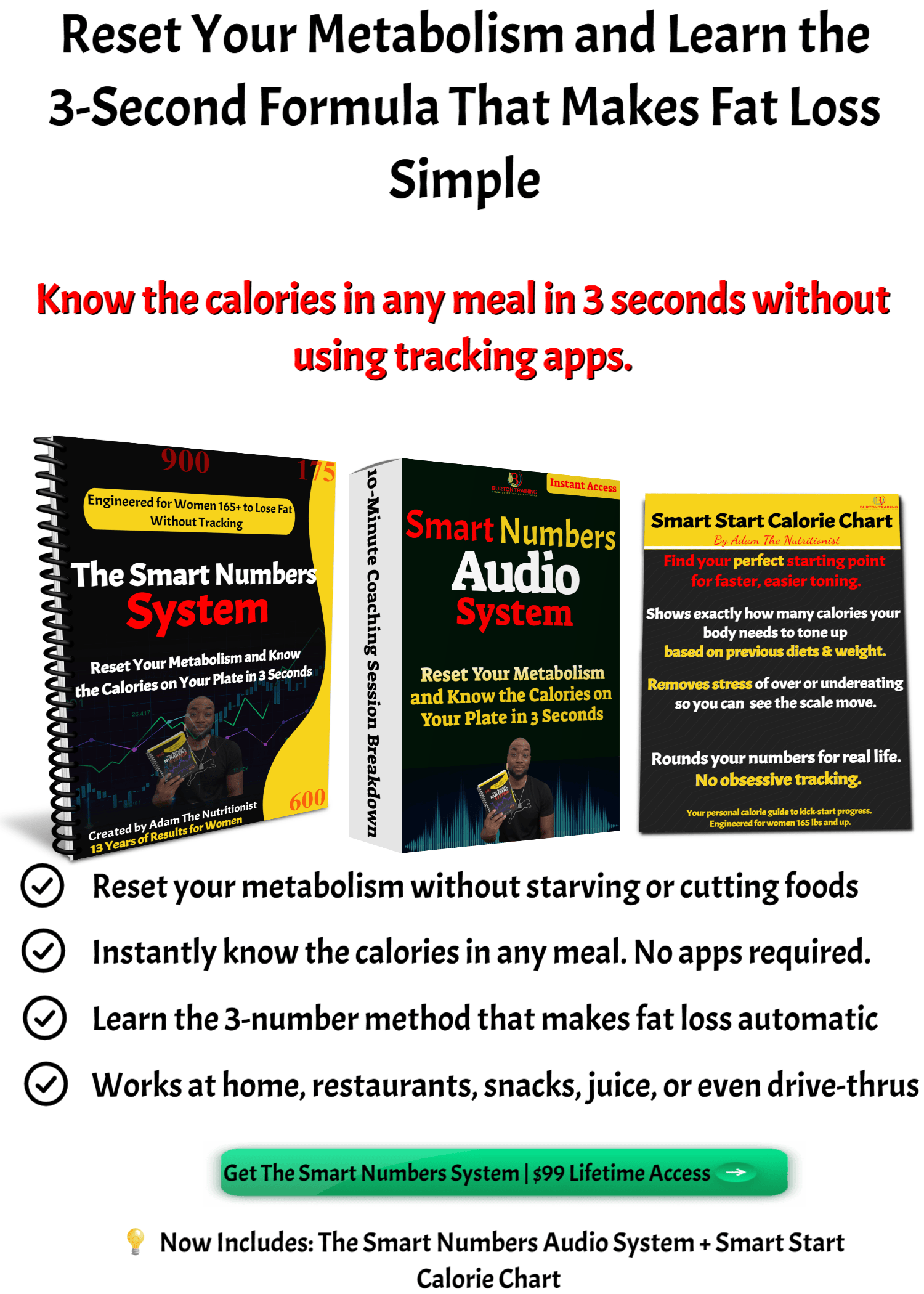 Complete Smart Numbers System bundle with 3-second calorie formula, audio coaching, and calorie chart