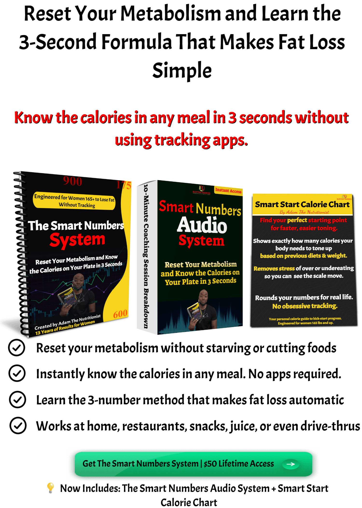 Complete Smart Numbers System bundle with 3-second calorie formula, audio coaching, and calorie chart